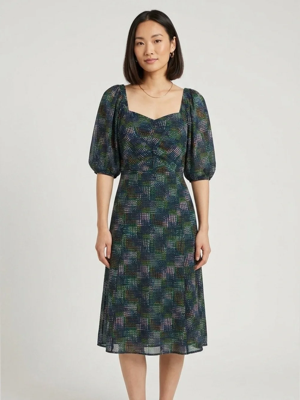 CAbi Elaine Geometric Puff Sleeve‎ Smocked Midi Dress
